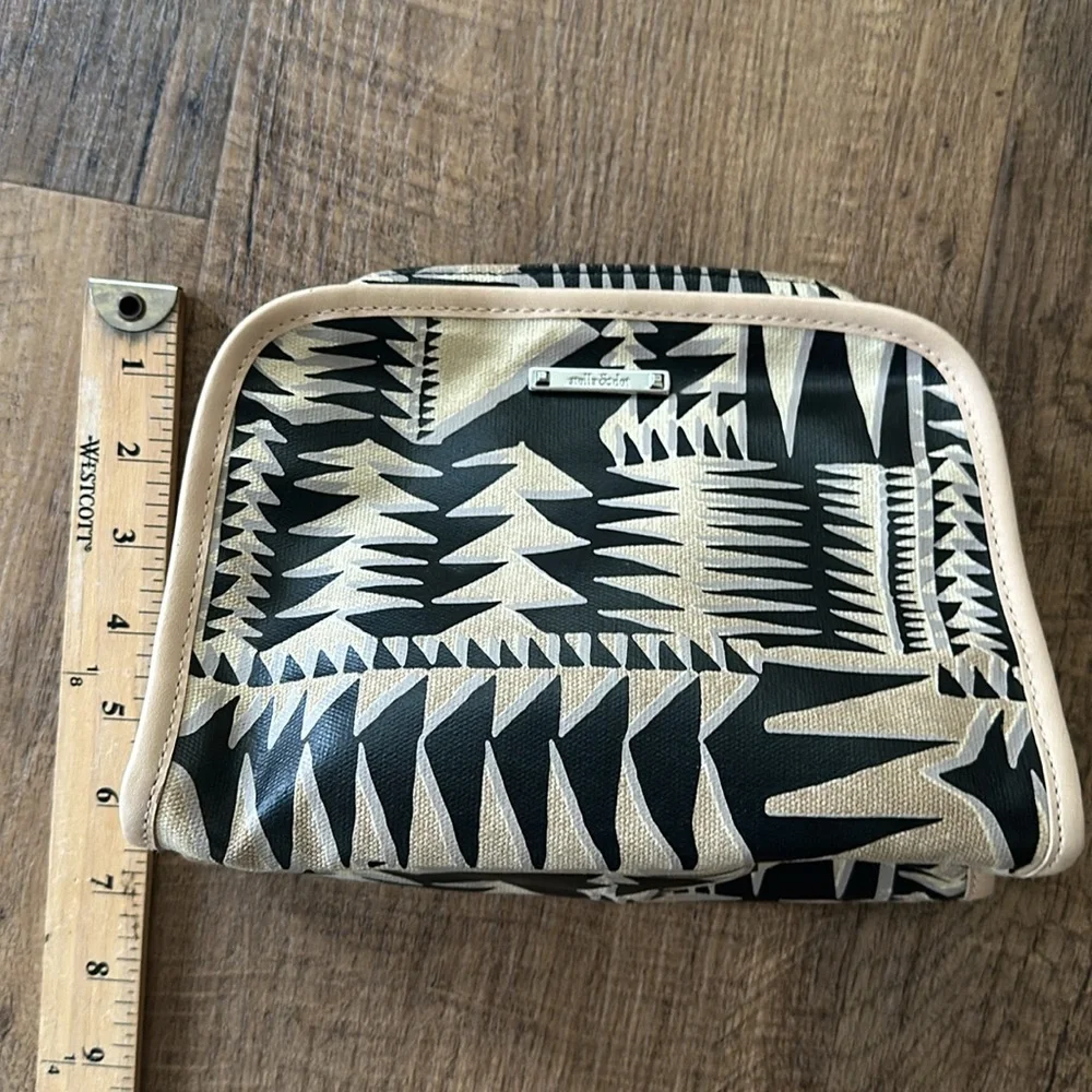 Stella & dot travel bag zipper pouch for cosmetics etc black & tan boho print